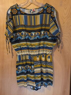 Chelsea Girl 70's Printed Romper  Blue & Mustard Elastic Waist Size 10